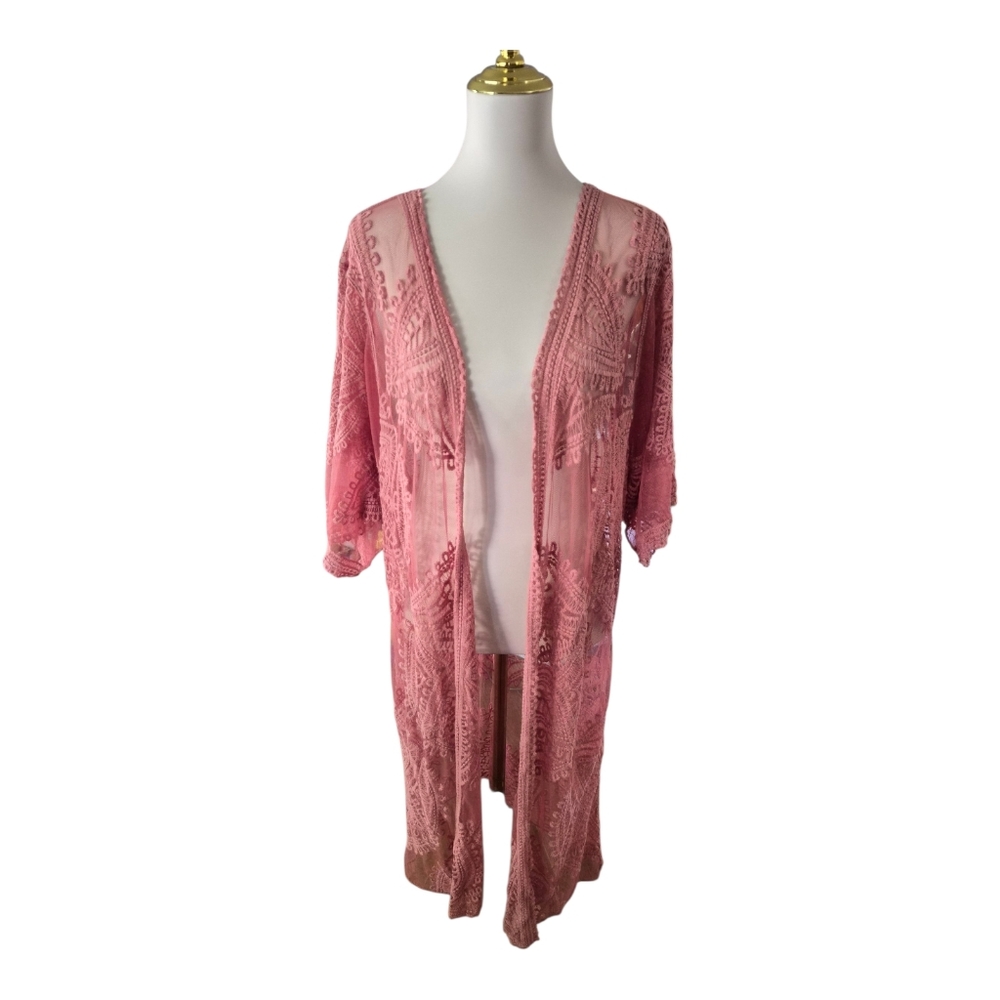 Embroidered Lace Kimono Cardigan Pink Boho Sheer L-XL